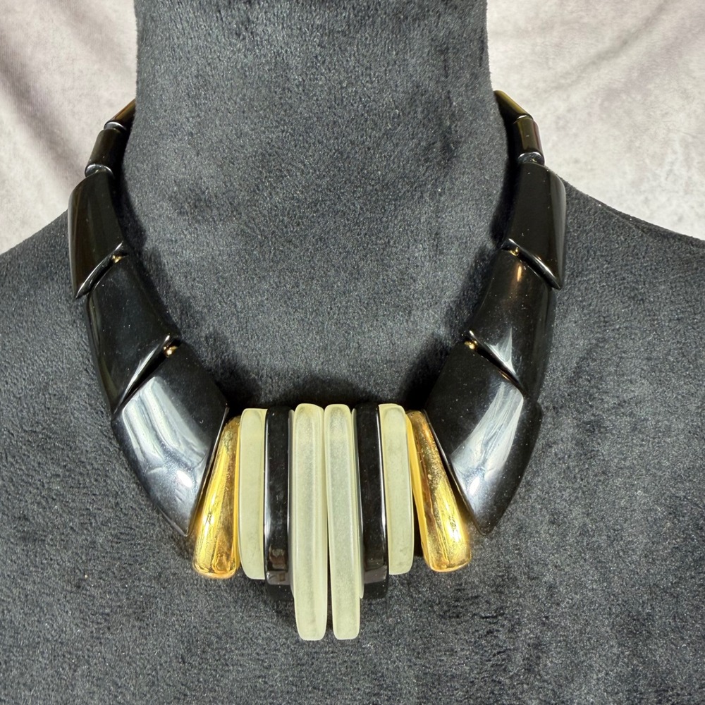 VTG Park Lane 80s Statement‎ Bib Necklace Black Gold Frosted Lucite Chunky Deco